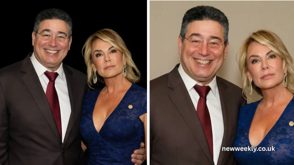 Couple posing in formal attire.